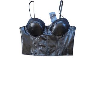 Say What Black Faux Leather 1X Bustier Corset Crop Punk Biker Club Push Up Bra